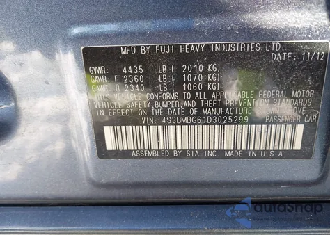 2013 Subaru Legacy 2.5 I Sport из США, поврежденный, VIN 4S3BMBG61D3025299